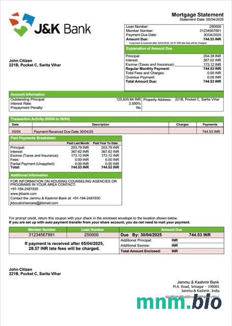Indie Bank Jammu & Kashmir wyciąg z kredytu hipotecznego szablon Word i PDF